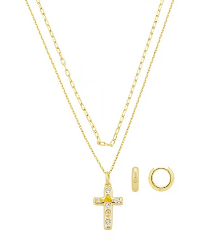 Unwritten Cubic Zirconia Cross Pendant Layered Necklace and Hoop Earring Set