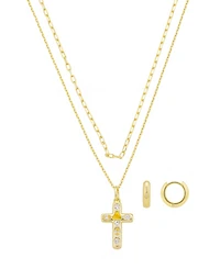Unwritten Cubic Zirconia Cross Pendant Layered Necklace and Hoop Earring Set