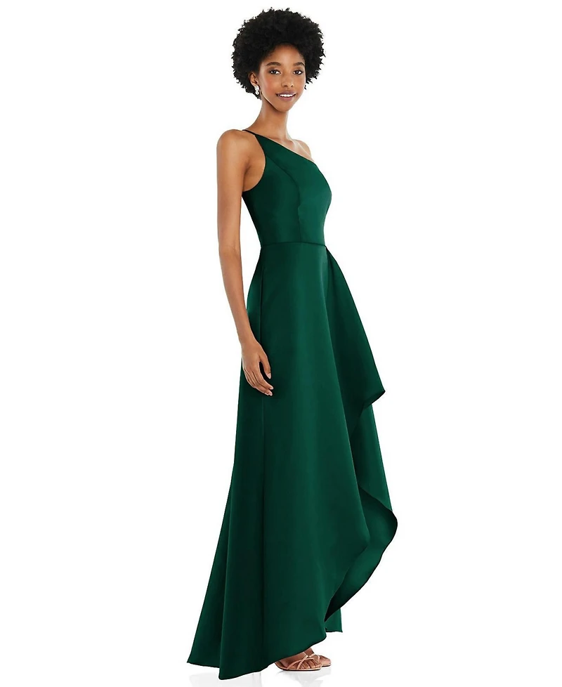 Alfred Sung One-Shoulder Satin Gown with Draped Front Slit and Pockets