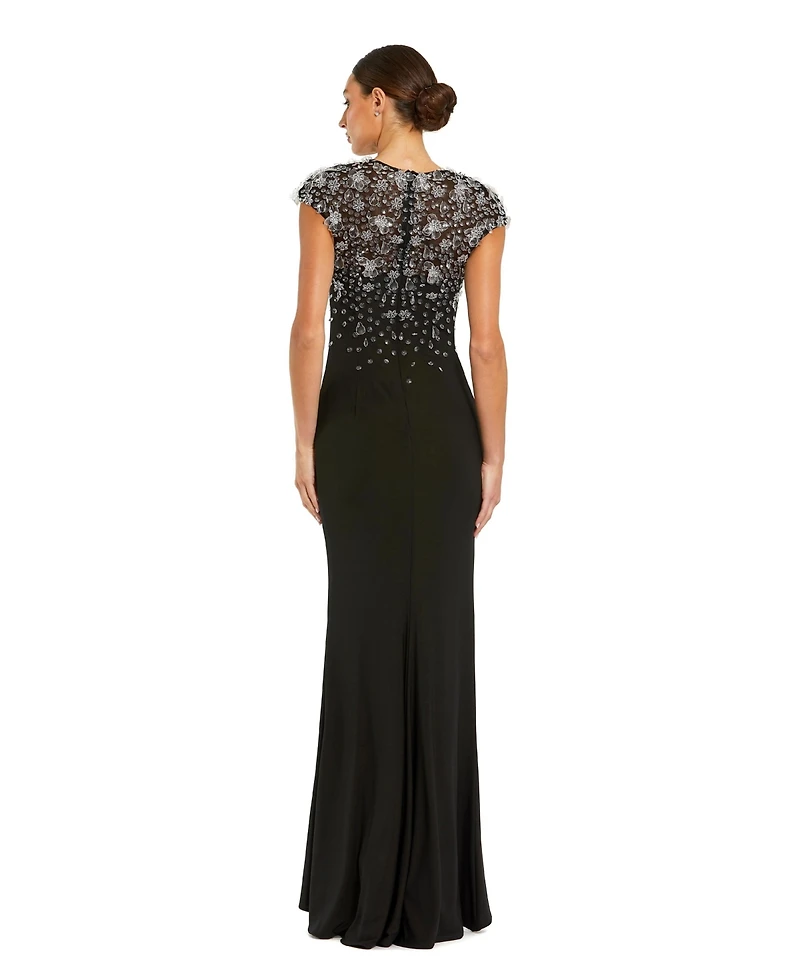 Mac Duggal Crystal Embellished Jersey Fitted Cap Sleeve Gown