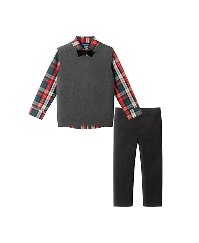 Andy & Evan Toddler Boys Toddler/Child Grey Sweater Vest, Green Plaid Buttondown Black Twill Pant Set