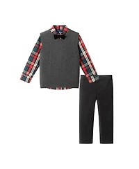 Andy & Evan Toddler Boys Toddler/Child Grey Sweater Vest, Green Plaid Buttondown Black Twill Pant Set