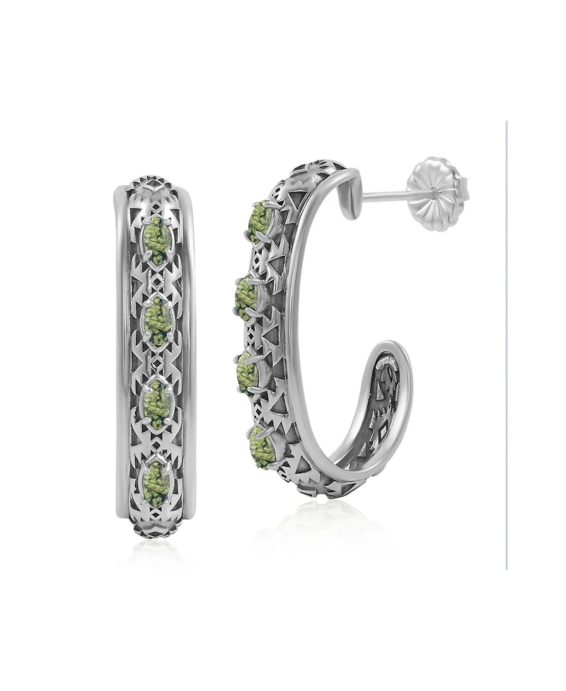 American West Jewelry Sterling Silver Green Serpentine Patterned J-Hoop 1 Inch Earrings