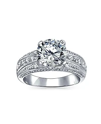 Bling Jewelry Sterling Silver Art Deco Style 2CT Princess Cut Cz Solitaire & Pave Band Ring Set