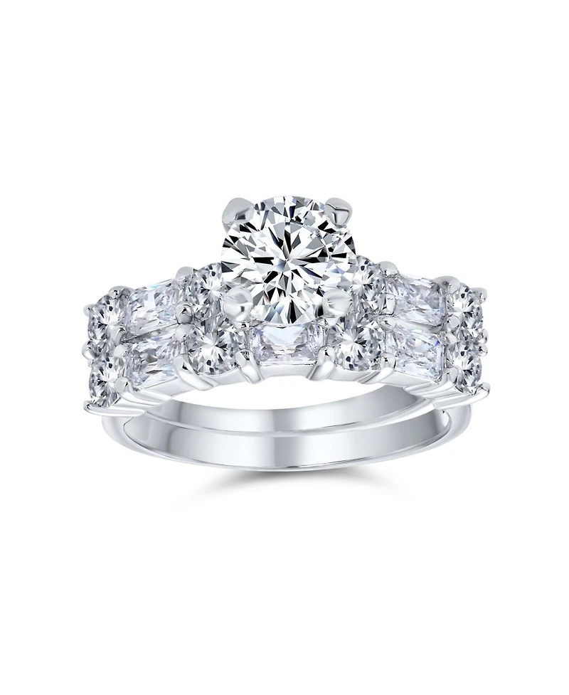 Bling Jewelry Art Deco Style 2CT Cubic Zirconia Princess Cut Solitaire & Cz Baguettes Encrusted Band Ring Set Sterling Silver