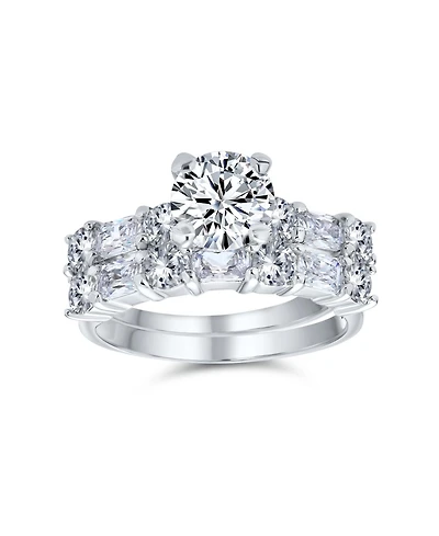 Bling Jewelry Art Deco Style 2CT Cubic Zirconia Princess Cut Solitaire & Cz Baguettes Encrusted Band Ring Set Sterling Silver