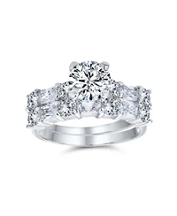 Bling Jewelry Art Deco Style 2CT Cubic Zirconia Princess Cut Solitaire & Cz Baguettes Encrusted Band Ring Set Sterling Silver