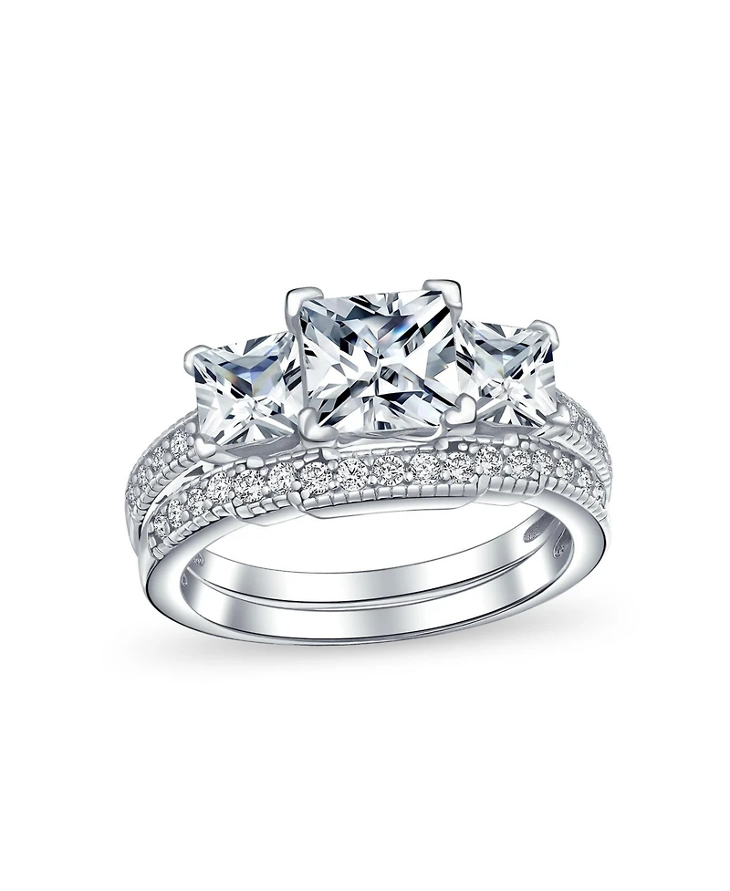 Bling Jewelry Classic 3CT Square Princess Cut Three Stone Past Present Future Cubic Zirconia Milgrain Promise Ring Band Set Sterling Silver