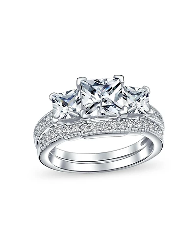 Bling Jewelry Classic 3CT Square Princess Cut Three Stone Past Present Future Cubic Zirconia Milgrain Promise Ring Band Set Sterling Silver