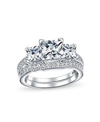Bling Jewelry Classic 3CT Square Princess Cut Three Stone Past Present Future Cubic Zirconia Milgrain Promise Ring Band Set Sterling Silver