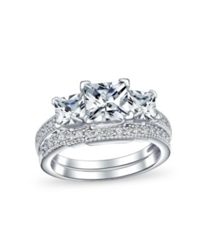 Bling Jewelry Classic 3CT Square Princess Cut Three Stone Past Present Future Cubic Zirconia Milgrain Promise Ring Band Set Sterling Silver