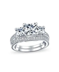 Bling Jewelry Classic 3CT Square Princess Cut Three Stone Past Present Future Cubic Zirconia Milgrain Promise Ring Band Set Sterling Silver