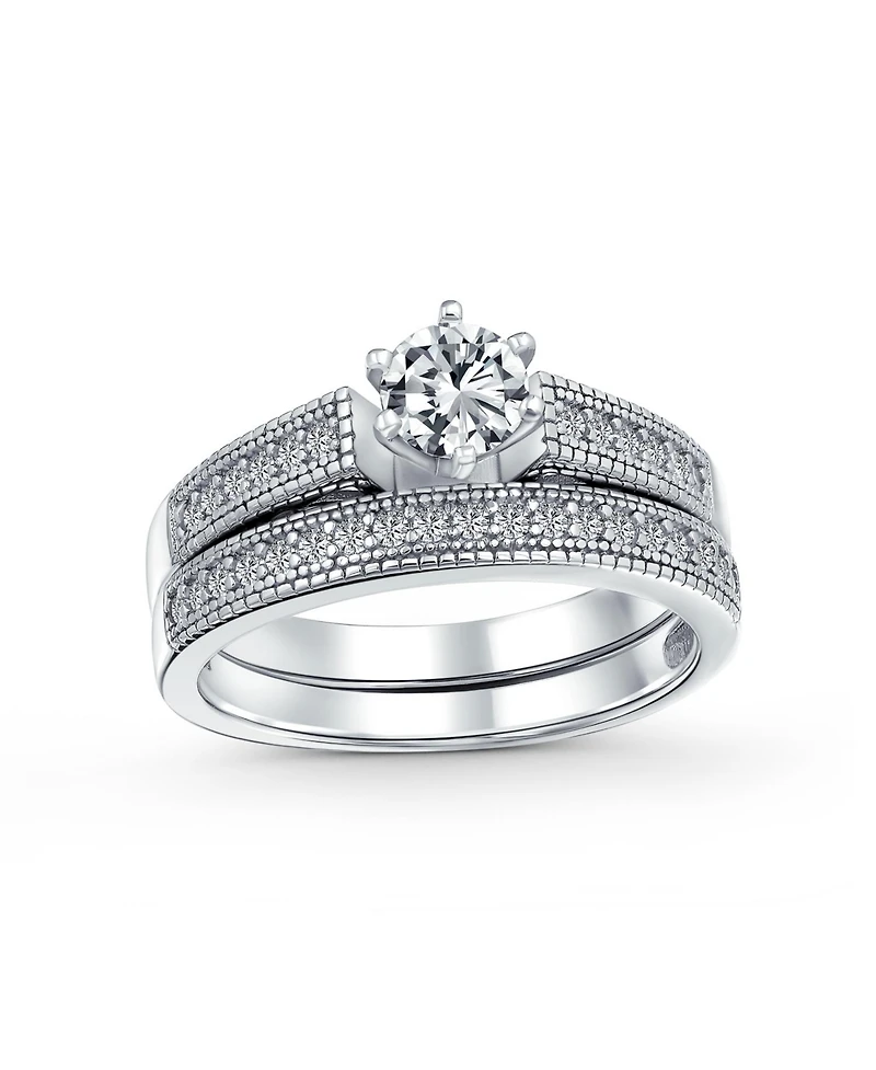 Bling Jewelry 1.5CT Round Cubic Zirconia Solitaire 6 Prong Milgrain Cz Pave Promise Band Ring Set Sterling Silver