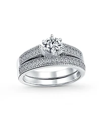Bling Jewelry 1.5CT Round Cubic Zirconia Solitaire 6 Prong Milgrain Cz Pave Promise Band Ring Set Sterling Silver
