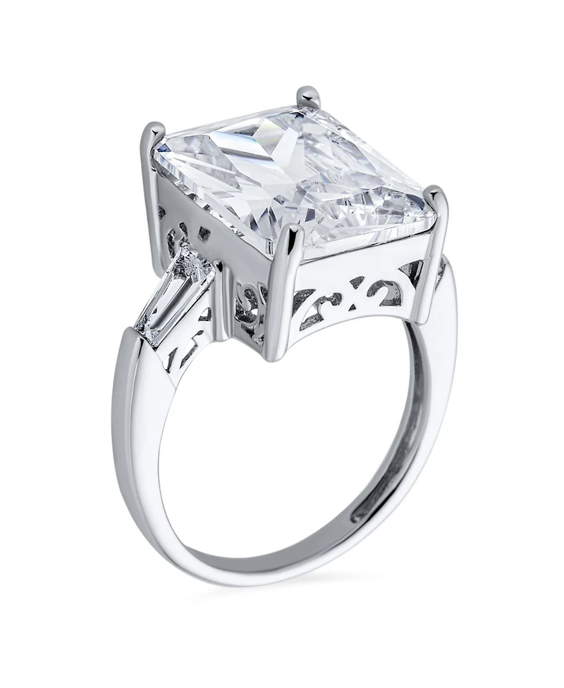 Bling Jewelry Art Deco Style Sterling Silver 10CT Princess Cut Cz Cubic Zirconia Cocktail Statement Ring Baguette Side Stones