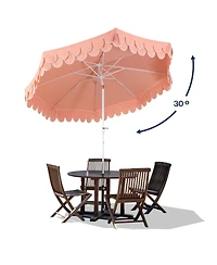 Jonathan Y Tracy 9 ft. Classic MidCentury Scalloped Fringe Market Patio Umbrella with Auto-Tilt Crank, Wind Vent and Uv Protection Coral