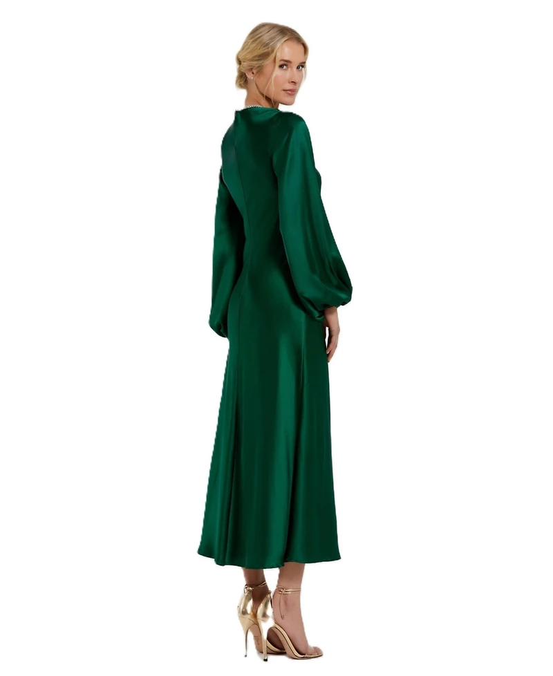 Mac Duggal Women's High Neck Long Sleeve Crystal Detail Dress