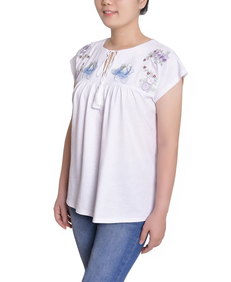 Ny Collection Petite Embroidered Yoke Extended Sleeve Top
