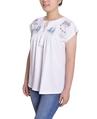 Ny Collection Petite Embroidered Yoke Extended Sleeve Top