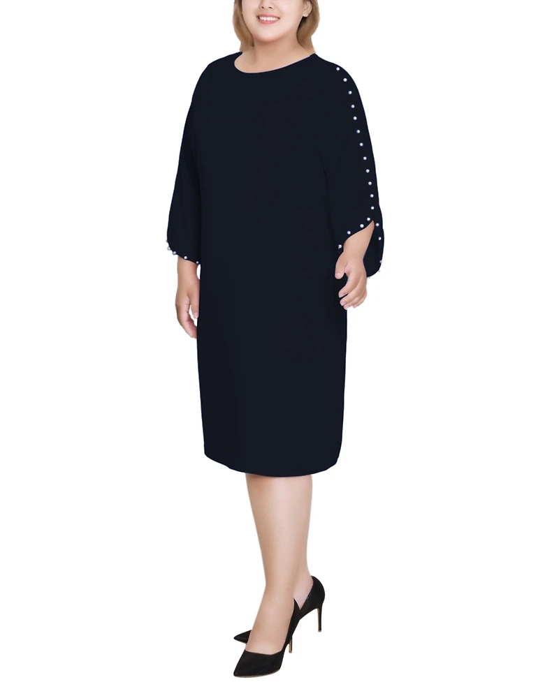 Ny Collection Plus 3/4 Cultivated Pearl-Detail Petal Sleeve Dress