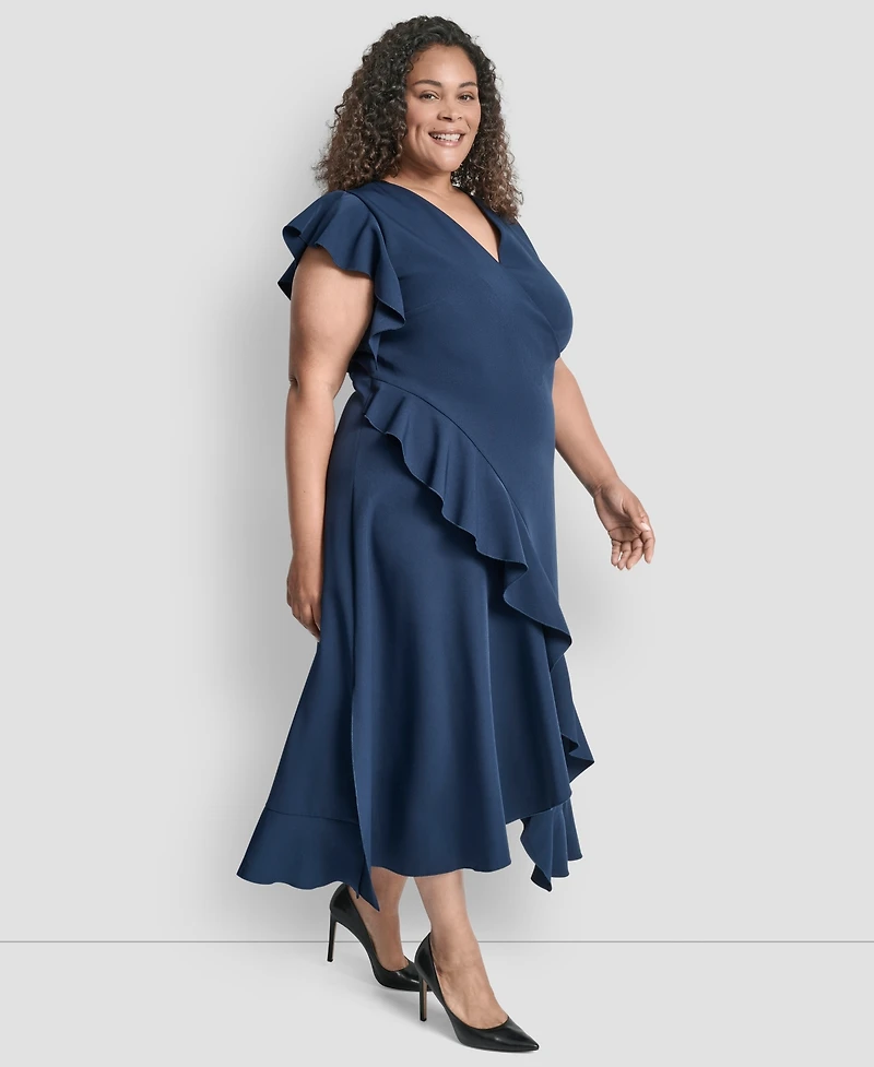 Dkny Plus V-Neck Ruffle Sleeve Midi Dress
