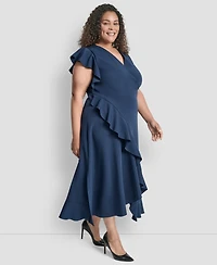 Dkny Plus V-Neck Ruffle Sleeve Midi Dress