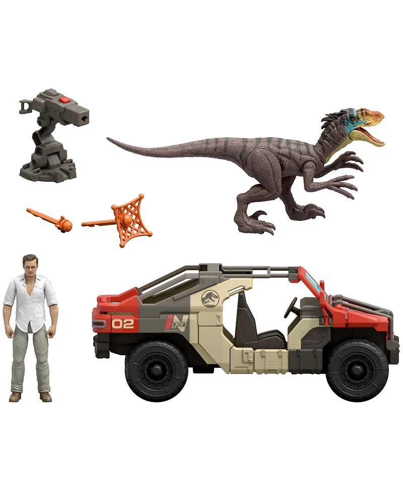Jurassic World Rebirth Launch 'N Battle Vehicle with 1 Human and 1 Raptor Figure