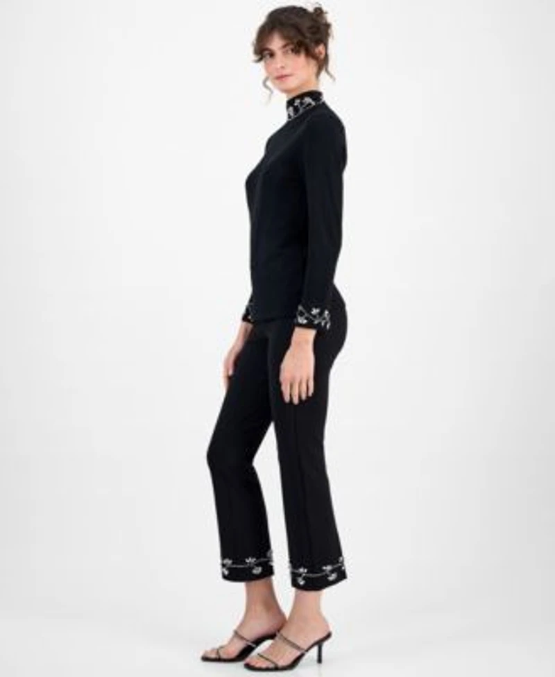 Anne Klein Womens Embellished Mock Neck Sweater Embellished Pull On Kick Flare Pants