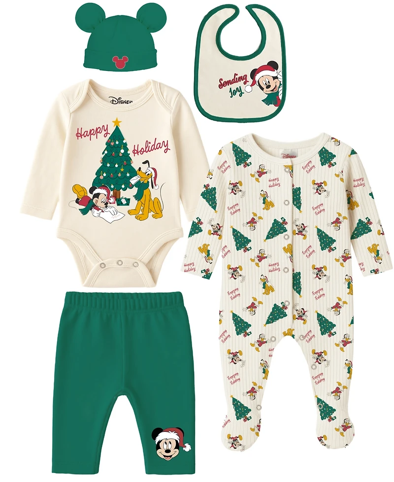 Disney Baby Boys 5-Piece Mickey and Pluto Holiday Coverall, Bodysuit, Cap, Bib Pants Set