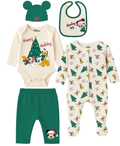 Disney Baby Boys 5-Piece Mickey and Pluto Holiday Coverall, Bodysuit, Cap, Bib Pants Set