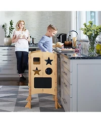 Guidecraft Classic Kitchen Helper Kids' Step Stool - Natural: Foldable and Adjustable Wooden Toddler Tower for Learning with Keeper