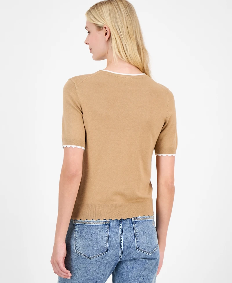 Nautica Jeans Women's Scallop-Trim Short Sleeve Crewneck Sweater