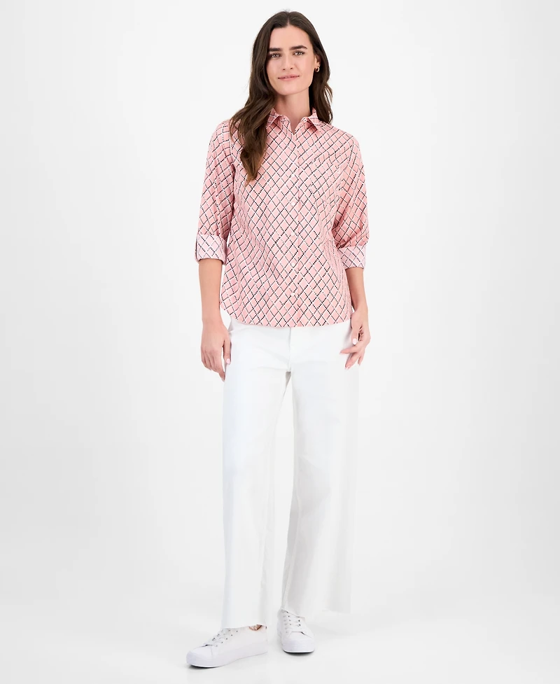 Nautica Jeans Women's Cotton Argyle Dot Roll-Tab Shirt