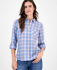 Nautica Jeans Women's Cotton Crinkle Plaid Roll-Tab Shirt