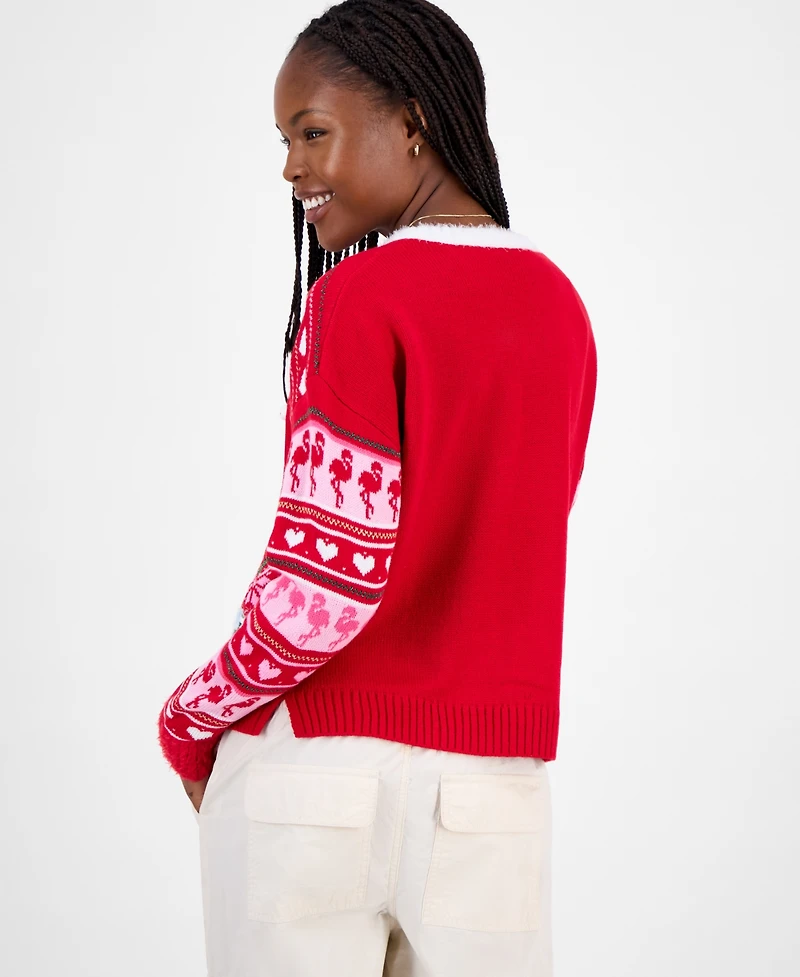 Hooked Up by Iot Juniors' Festive Flamingo Pullover Sweater