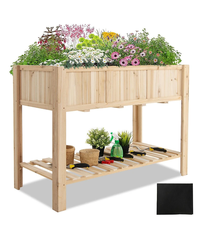 Gymax 47'' Wooden Raised Garden Bed w/Bottom Shelf & Bed Liner Outdoor Elevated Planter Box