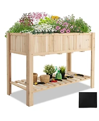 Gymax 47'' Wooden Raised Garden Bed w/Bottom Shelf & Bed Liner Outdoor Elevated Planter Box
