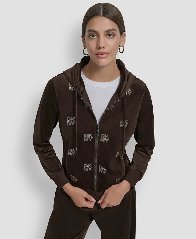 Dkny Jeans Petite Logo Detail Velour Zip-Up Hoodie