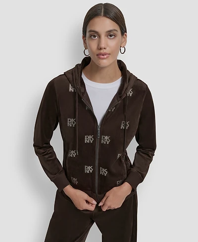 Dkny Jeans Petite Logo Detail Velour Zip-Up Hoodie