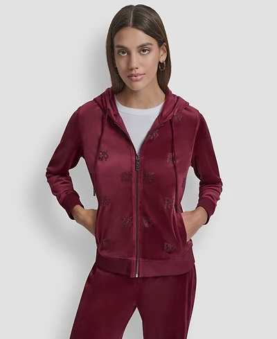 Dkny Jeans Petite Logo Detail Velour Zip-Up Hoodie