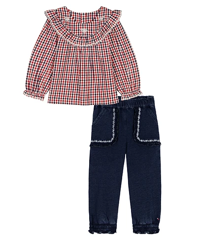 Tommy Hilfiger Baby Girls 2-Piece Dobby Peasant Top and Denim Pants Set