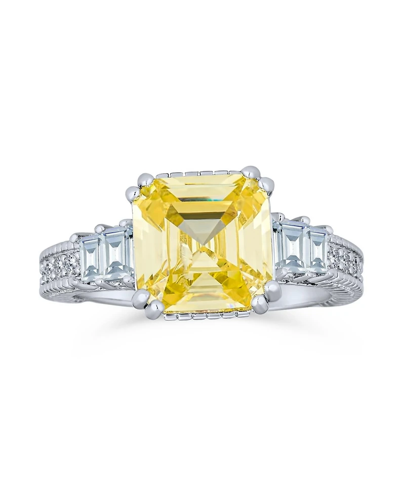 Bling Jewelry Art Deco Style 2CT Yellow Cubic Zirconia Square Asscher Cut Promise Ring Cz Baguettes Side Stone Sterling Silver