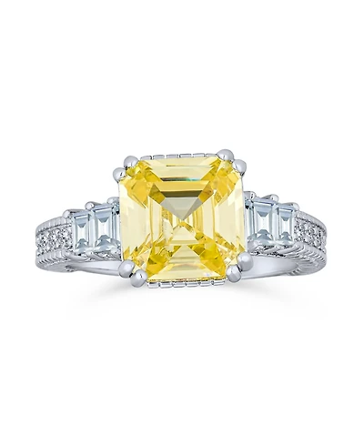 Bling Jewelry Art Deco Style 2CT Yellow Cubic Zirconia Square Asscher Cut Promise Ring Cz Baguettes Side Stone Sterling Silver