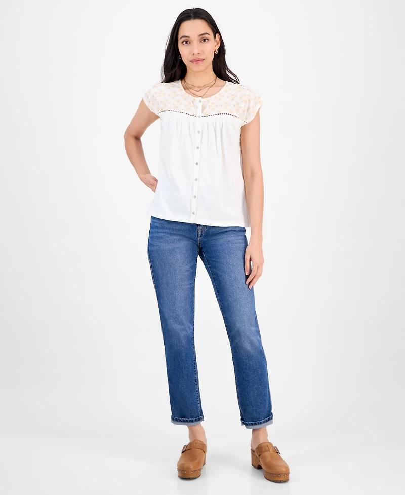 Lucky Brand Women's Cotton Ladder-Trim Blouse