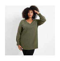 June + Vie Women's Plus V-Neck French Terry Sweatshirt