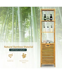 Gymax Bathroom Tilt-out Laundry Hamper Bamboo Tower Hamper w/3-Tier Shelves
