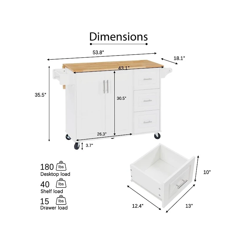 Maison Boucle 53.8" Rolling Kitchen Island with Drop Leaf, Storage Cabinet, 3 Drawers & Wood Top, Mobile Kitchen Cart on Wheels