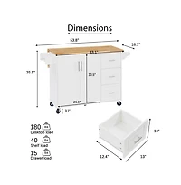 Maison Boucle 53.8" Rolling Kitchen Island with Drop Leaf, Storage Cabinet, 3 Drawers & Wood Top, Mobile Kitchen Cart on Wheels
