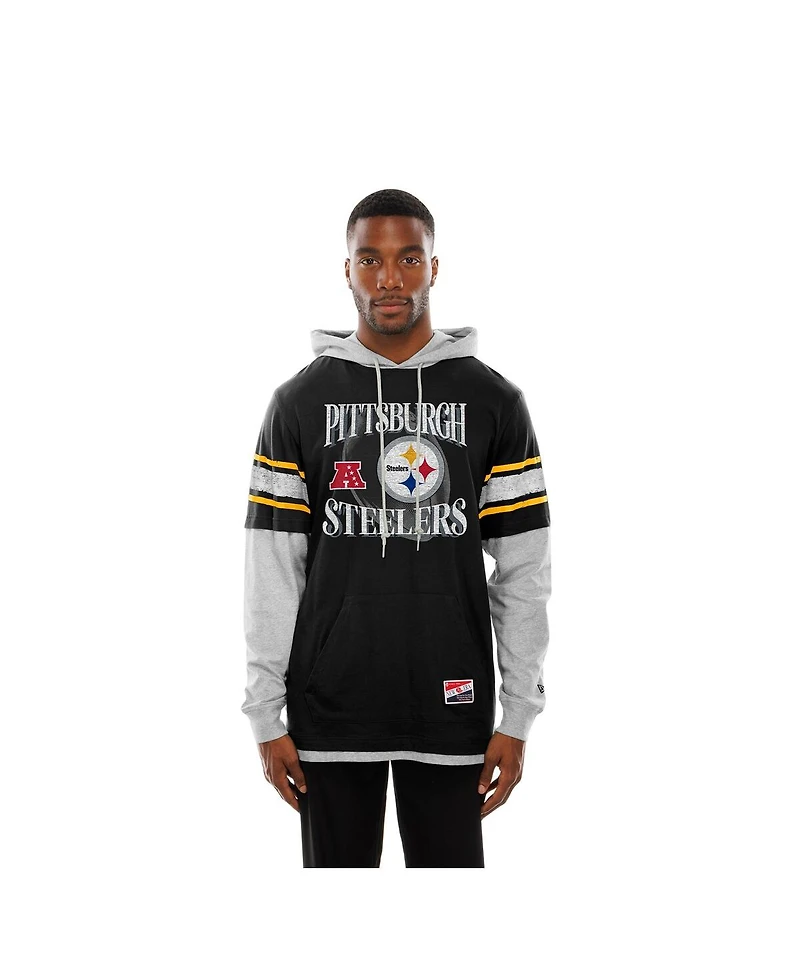New Era Men's Black Pittsburgh Steelers Twofer Layered Long Sleeve Hoodie T-Shirt
