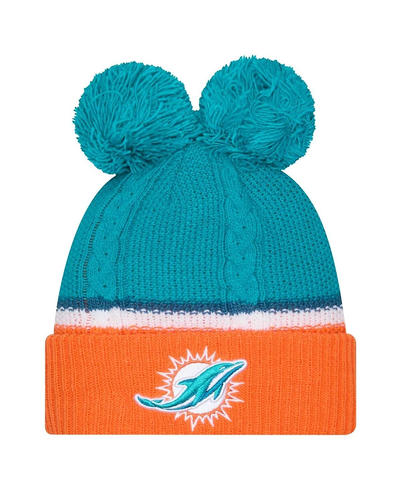 New Era Women's Aqua Miami Dolphins Double Bubble Cuffed With Pom Knit Hat
